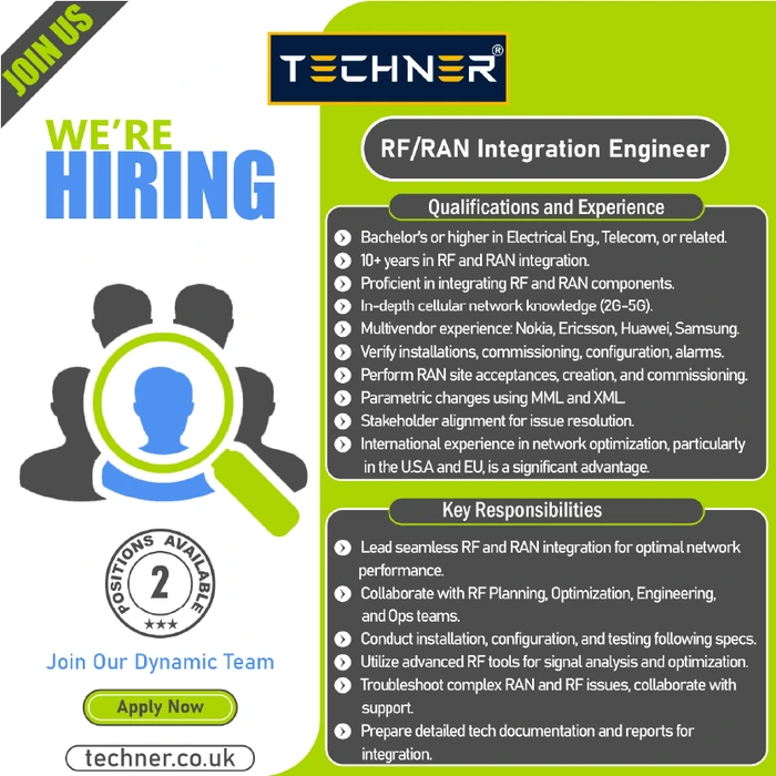 Techner - Jobs - RF+RAN Integration Engineer (02 Positions)